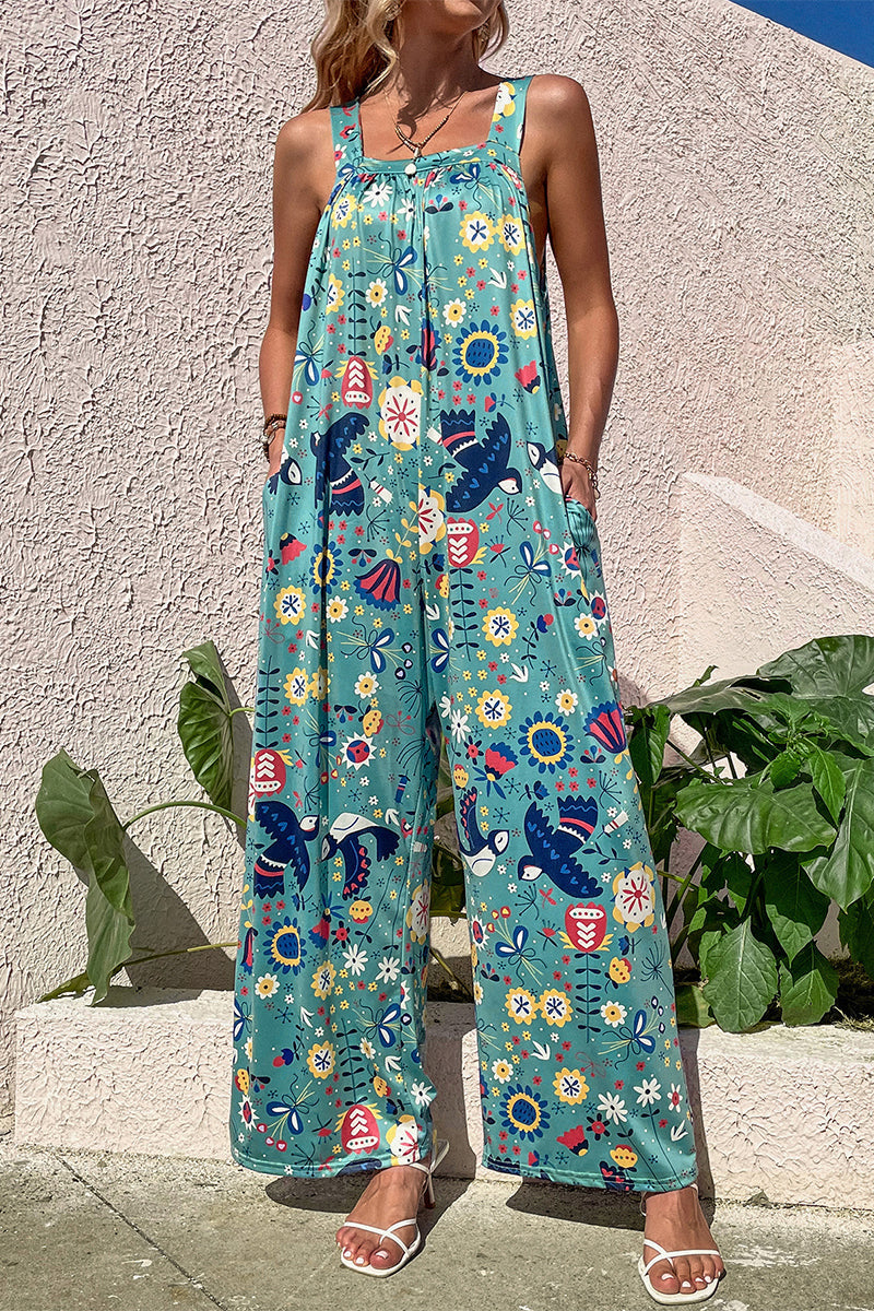 Print Pocket Square Collar Loose Jumpsuits