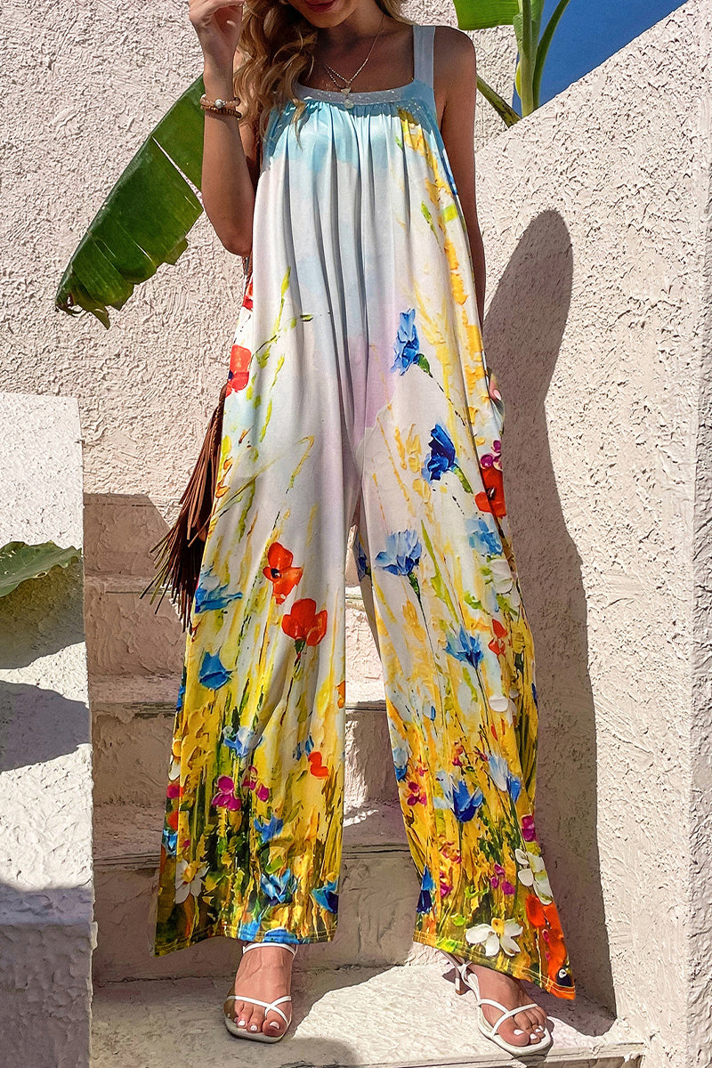 Print Pocket Square Collar Loose Jumpsuits