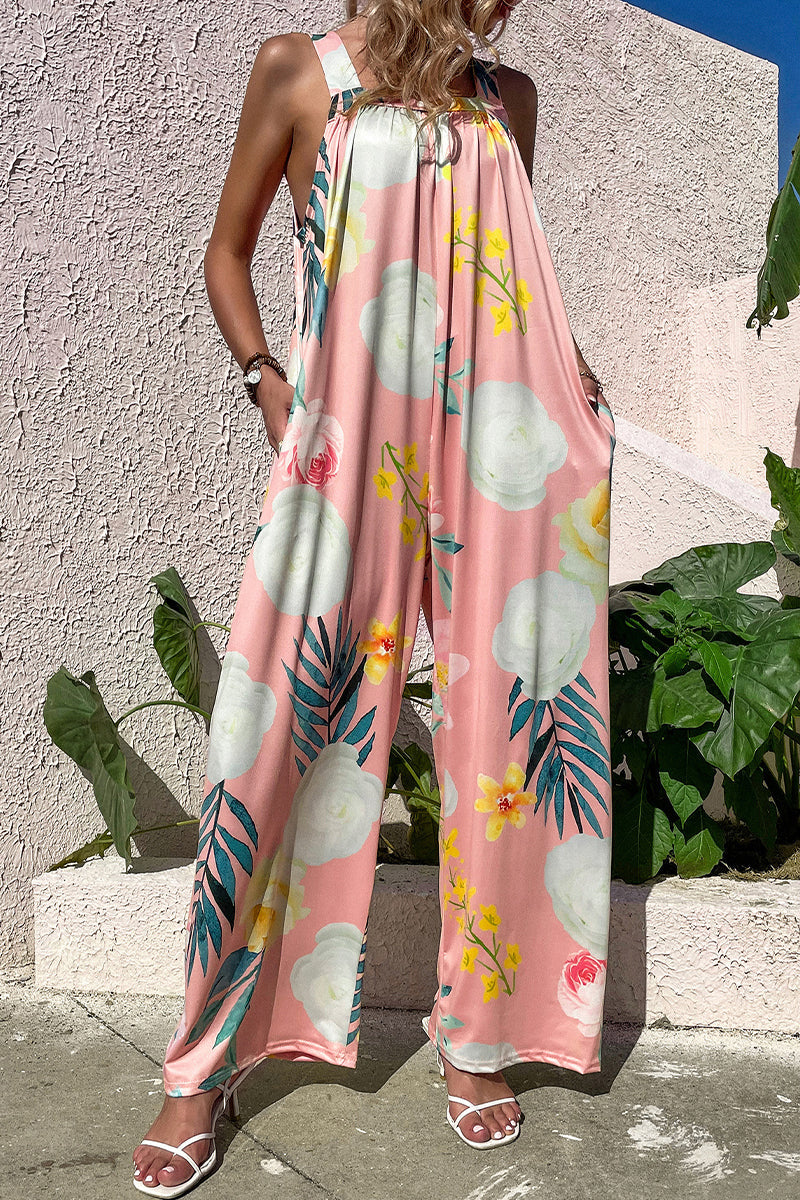 Print Pocket Square Collar Loose Jumpsuits
