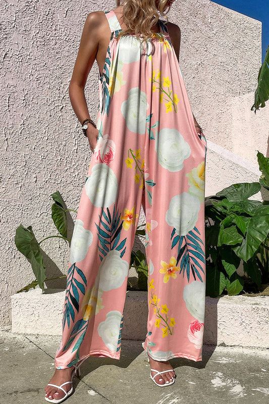 Print Pocket Square Collar Loose Jumpsuits
