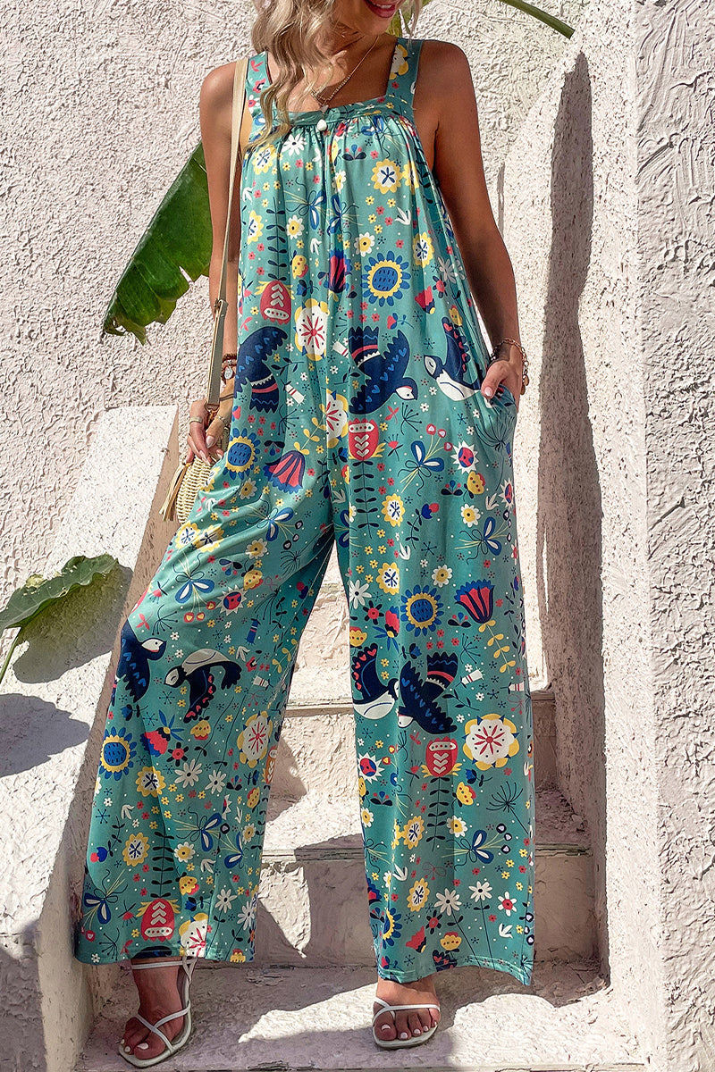 Print Pocket Square Collar Loose Jumpsuits