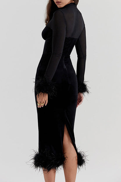 Celebrities Feathers Turtleneck Waist Skirt Dresses