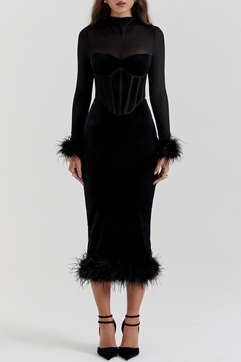 Celebrities Feathers Turtleneck Waist Skirt Dresses