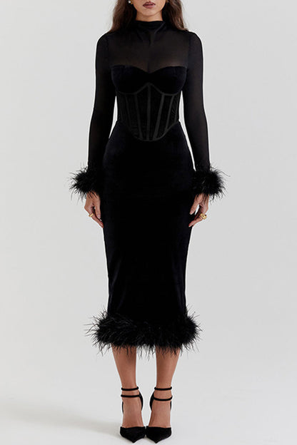 Celebrities Feathers Turtleneck Waist Skirt Dresses