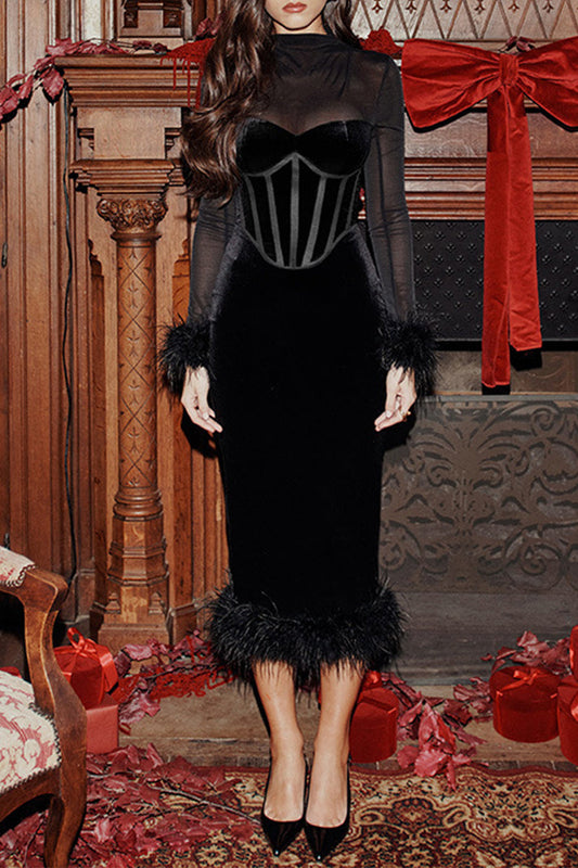 Celebrities Feathers Turtleneck Waist Skirt Dresses