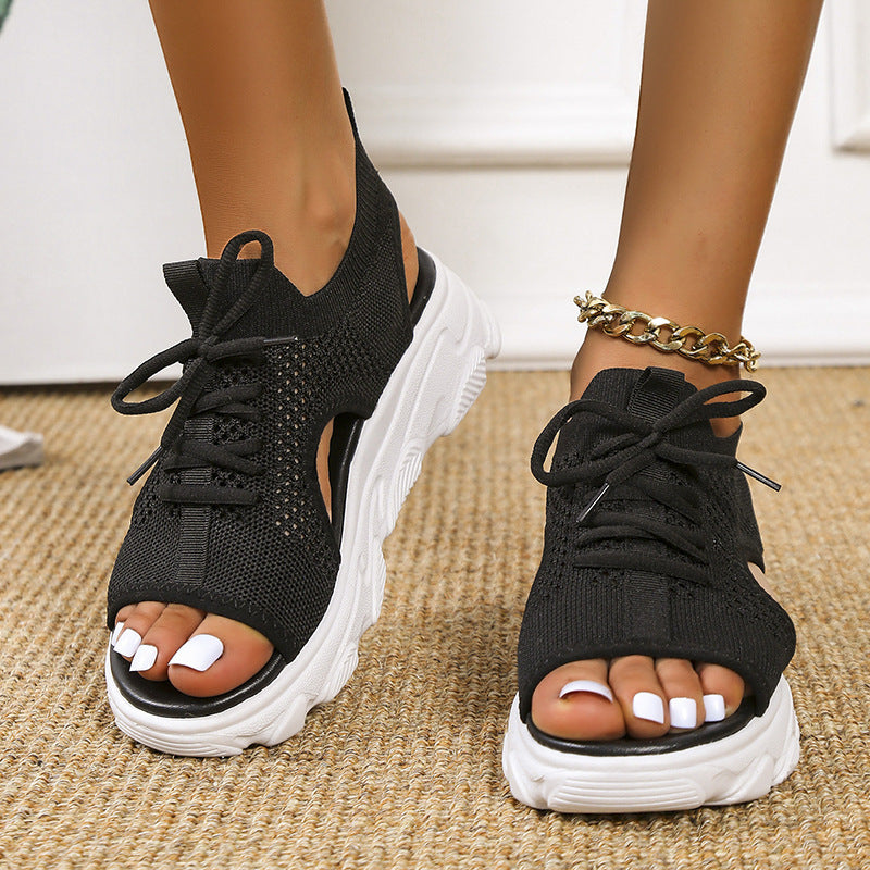 Bandage Hollowed Out Patchwork Fish Mouth Comfortable Out Door Shoes(4 Colors)