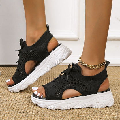 Bandage Hollowed Out Patchwork Fish Mouth Comfortable Out Door Shoes(4 Colors)