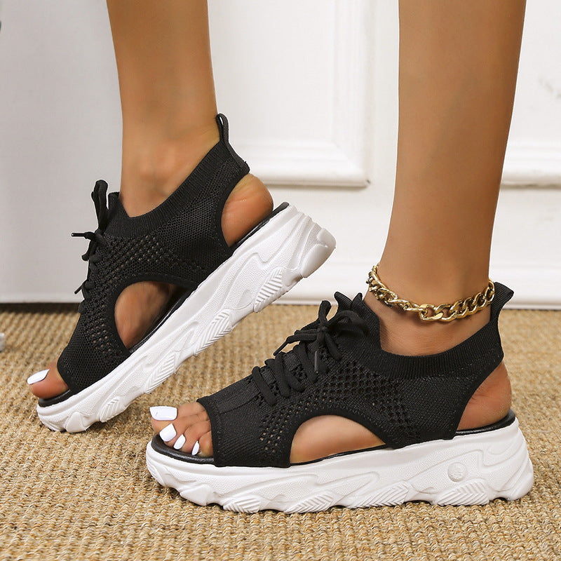Bandage Hollowed Out Patchwork Fish Mouth Comfortable Out Door Shoes(4 Colors)