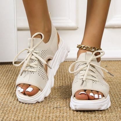 Bandage Hollowed Out Patchwork Fish Mouth Comfortable Out Door Shoes(4 Colors)