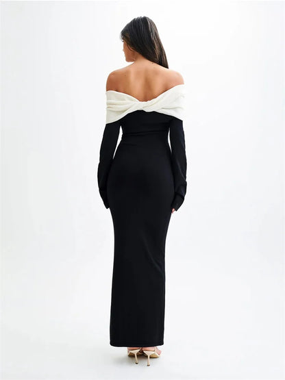Backless Knitwear Long Dress Contrast Autumn Slim Party Dress Patchwork Knit Female Maxi Dress