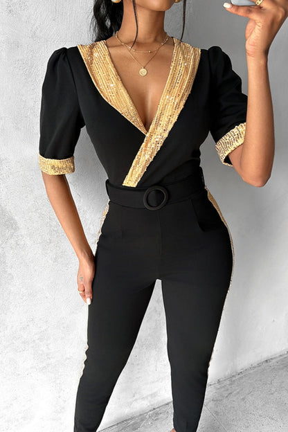 Patchwork Sequins V Neck Skinny Jumpsuits