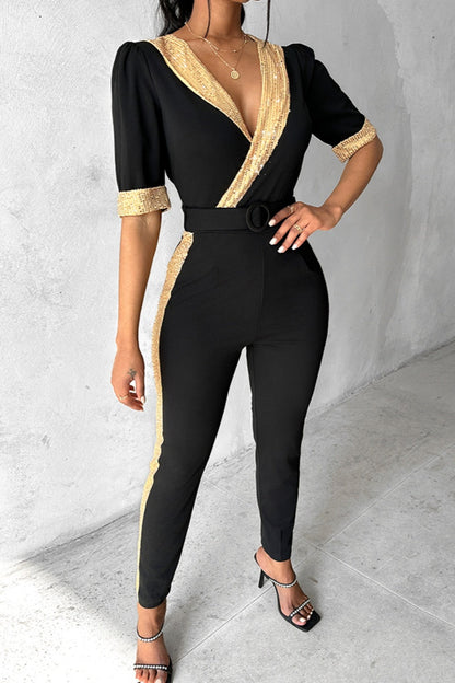 Patchwork Sequins V Neck Skinny Jumpsuits