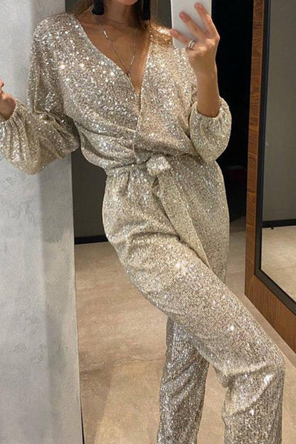 British Style Bandage Sequins Sequined V Neck Regular Jumpsuits