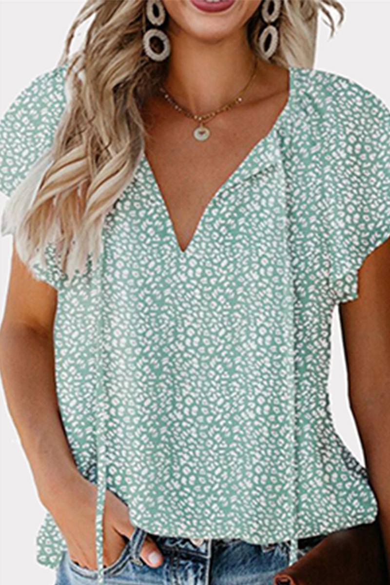 Print Patchwork Frenulum V Neck Blouses(8 Colors)