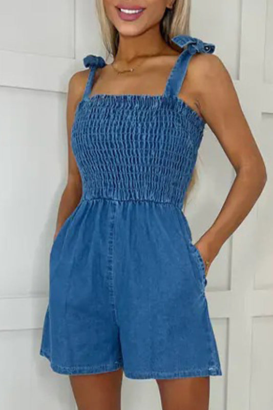 Pocket Square Collar Sleeveless Loose Denim Jumpsuits