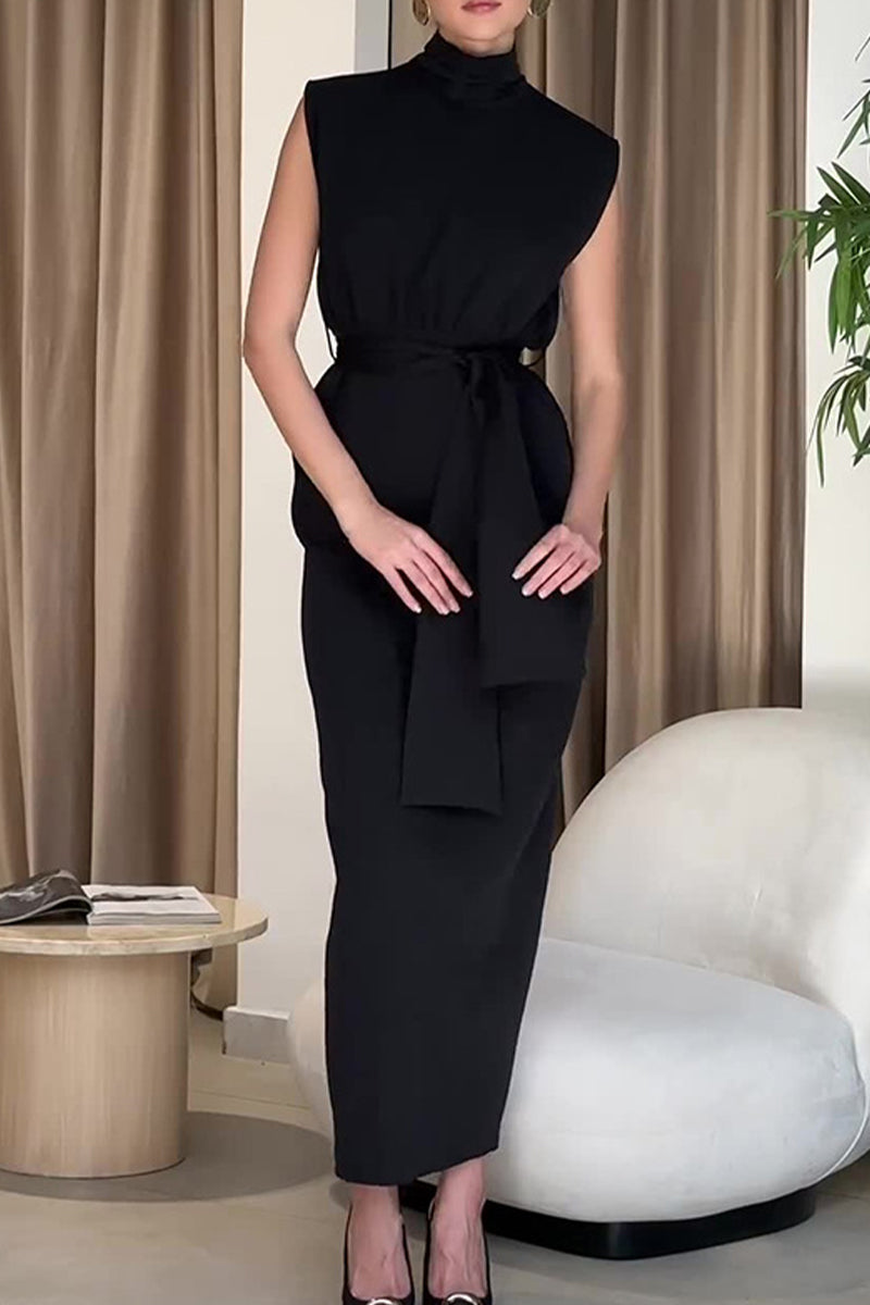 Slit With Belt Half a Turtleneck One Step Skirt Dresses