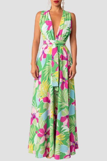 Print Patchwork Slit V Neck Long Dress Dresses
