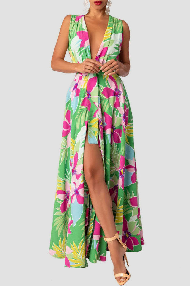 Print Patchwork Slit V Neck Long Dress Dresses