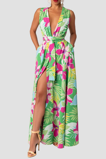 Print Patchwork Slit V Neck Long Dress Dresses