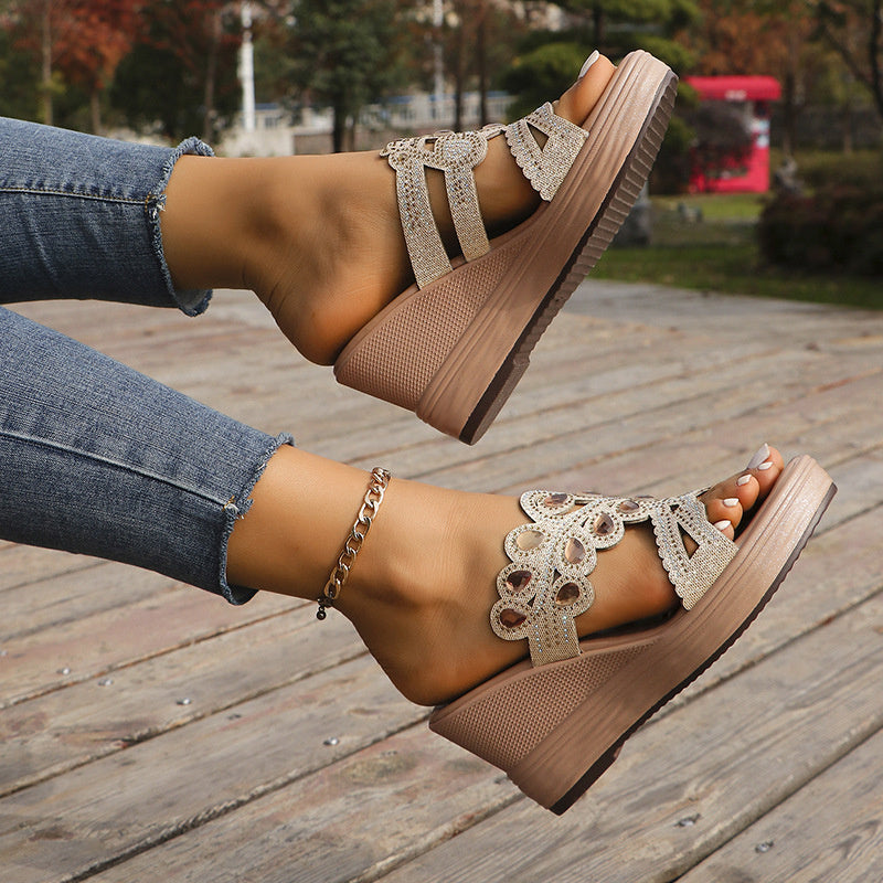 Hollowed Out Patchwork Rhinestone Fish Mouth Out Door Wedges Shoes (heel Height 3.15in)(3 Colors)