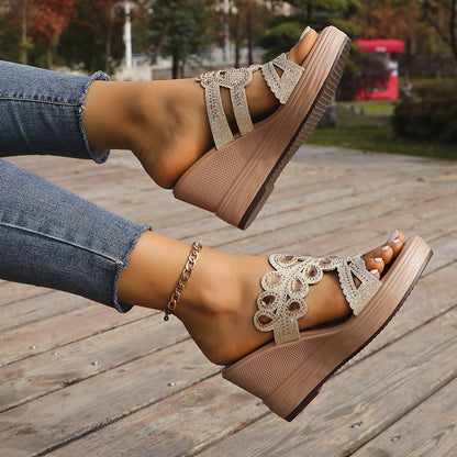 Hollowed Out Patchwork Rhinestone Fish Mouth Out Door Wedges Shoes (heel Height 3.15in)(3 Colors)