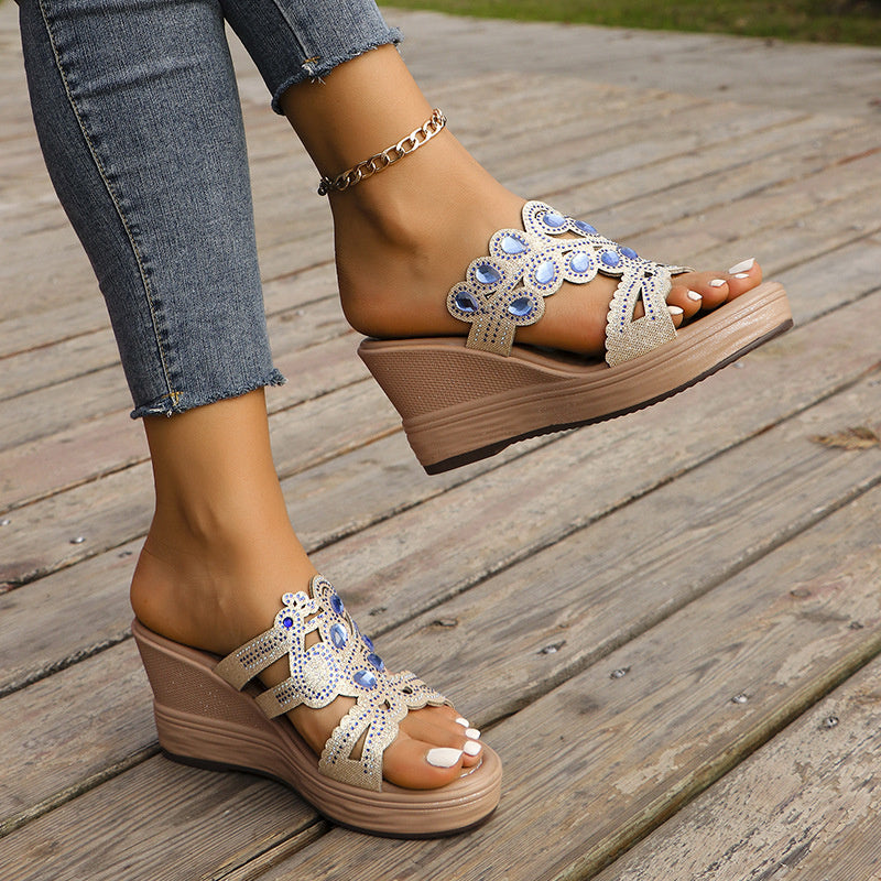 Hollowed Out Patchwork Rhinestone Fish Mouth Out Door Wedges Shoes (heel Height 3.15in)(3 Colors)