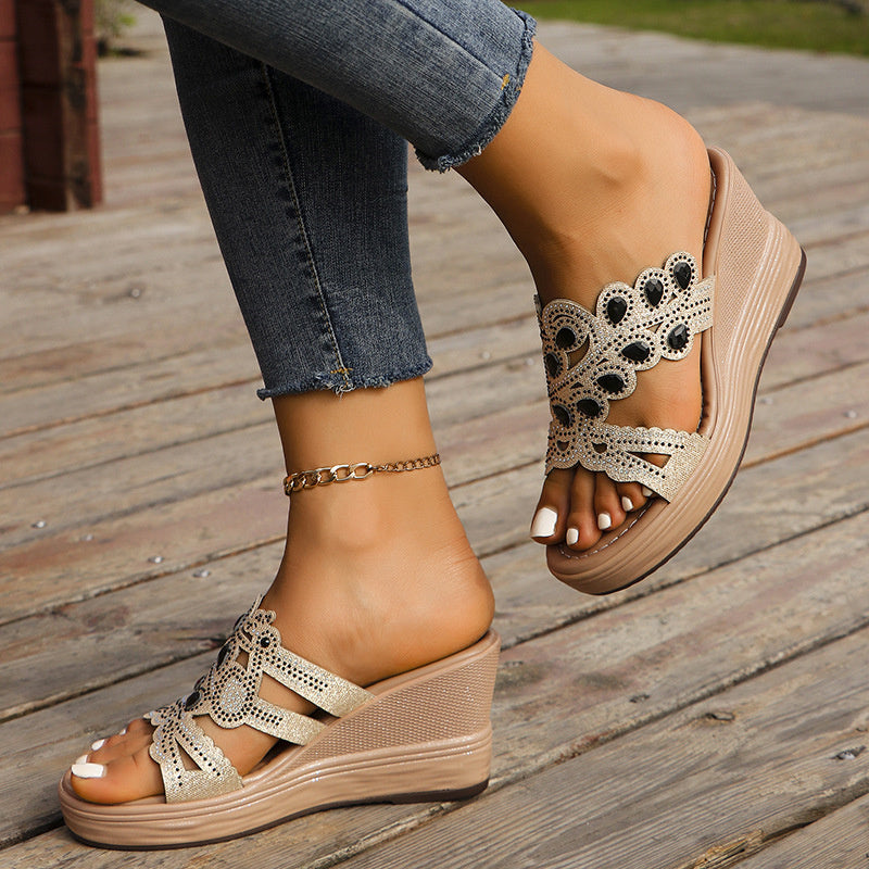 Hollowed Out Patchwork Rhinestone Fish Mouth Out Door Wedges Shoes (heel Height 3.15in)(3 Colors)