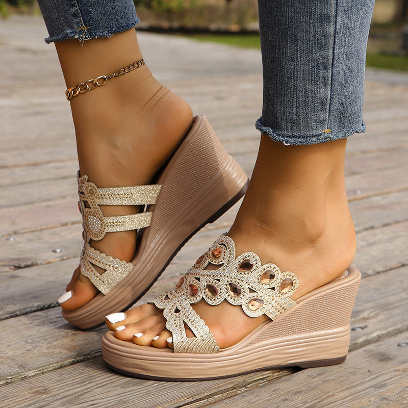 Hollowed Out Patchwork Rhinestone Fish Mouth Out Door Wedges Shoes (heel Height 3.15in)(3 Colors)