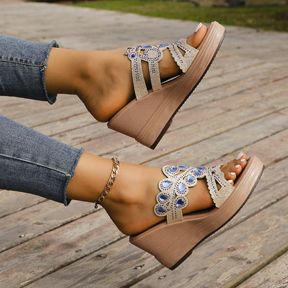 Hollowed Out Patchwork Rhinestone Fish Mouth Out Door Wedges Shoes (heel Height 3.15in)(3 Colors)