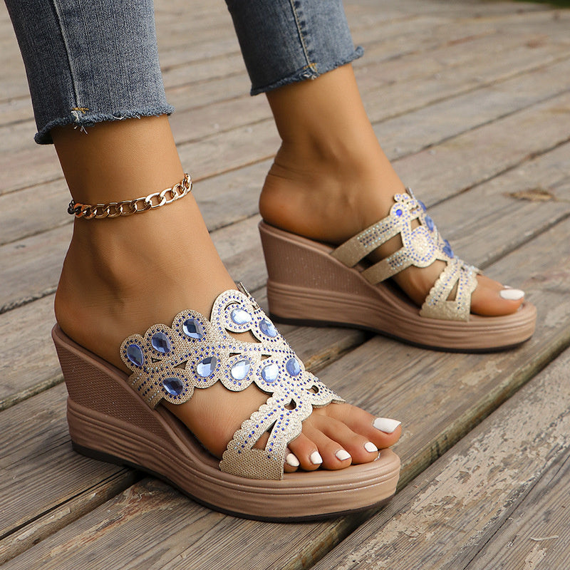 Hollowed Out Patchwork Rhinestone Fish Mouth Out Door Wedges Shoes (heel Height 3.15in)(3 Colors)