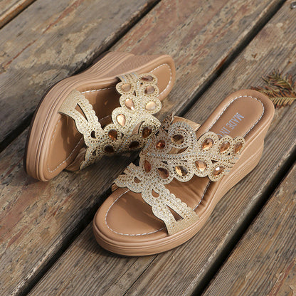 Hollowed Out Patchwork Rhinestone Fish Mouth Out Door Wedges Shoes (heel Height 3.15in)(3 Colors)