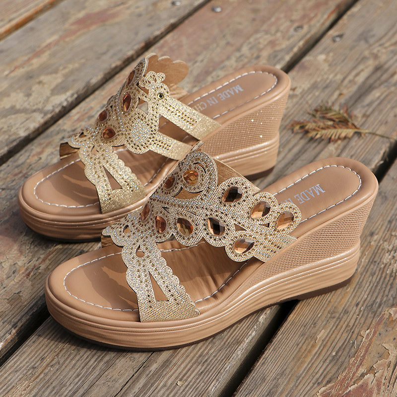 Hollowed Out Patchwork Rhinestone Fish Mouth Out Door Wedges Shoes (heel Height 3.15in)(3 Colors)