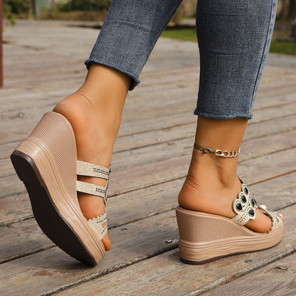 Hollowed Out Patchwork Rhinestone Fish Mouth Out Door Wedges Shoes (heel Height 3.15in)(3 Colors)