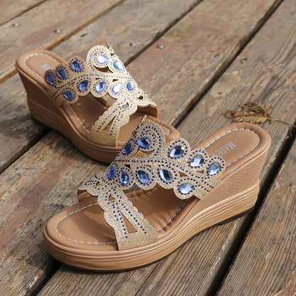 Hollowed Out Patchwork Rhinestone Fish Mouth Out Door Wedges Shoes (heel Height 3.15in)(3 Colors)