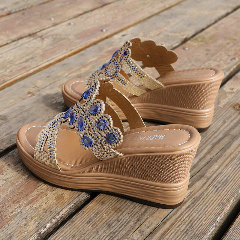 Hollowed Out Patchwork Rhinestone Fish Mouth Out Door Wedges Shoes (heel Height 3.15in)(3 Colors)