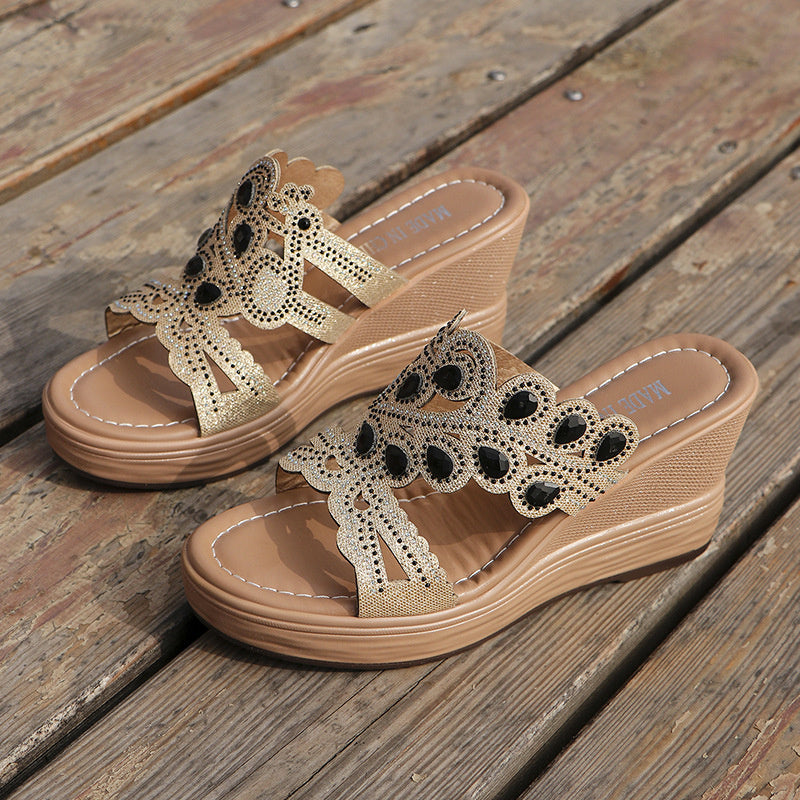 Hollowed Out Patchwork Rhinestone Fish Mouth Out Door Wedges Shoes (heel Height 3.15in)(3 Colors)