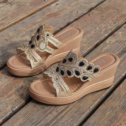 Hollowed Out Patchwork Rhinestone Fish Mouth Out Door Wedges Shoes (heel Height 3.15in)(3 Colors)
