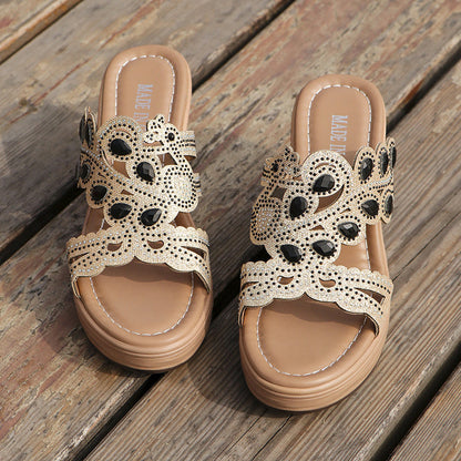 Hollowed Out Patchwork Rhinestone Fish Mouth Out Door Wedges Shoes (heel Height 3.15in)(3 Colors)