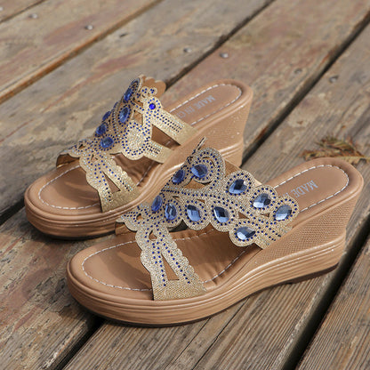 Hollowed Out Patchwork Rhinestone Fish Mouth Out Door Wedges Shoes (heel Height 3.15in)(3 Colors)