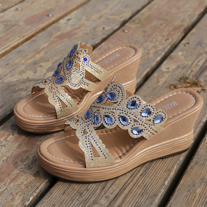 Hollowed Out Patchwork Rhinestone Fish Mouth Out Door Wedges Shoes (heel Height 3.15in)(3 Colors)