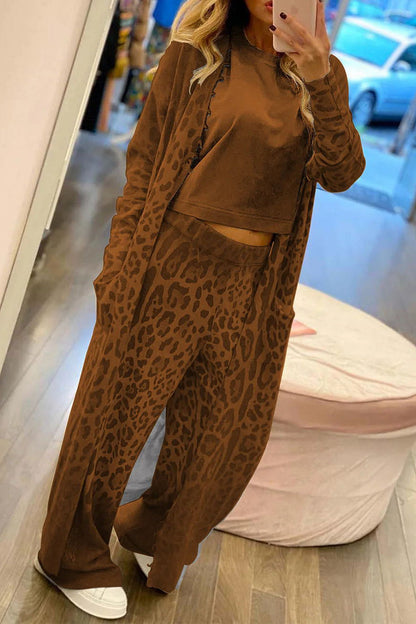 Print Leopard Pocket Cardigan Collar Long Sleeve Two Pieces