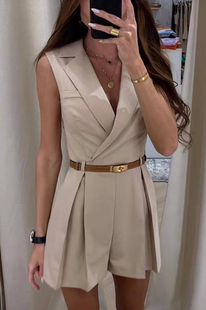 Work British Style Without Belt V Neck Regular Rompers(no Belt)