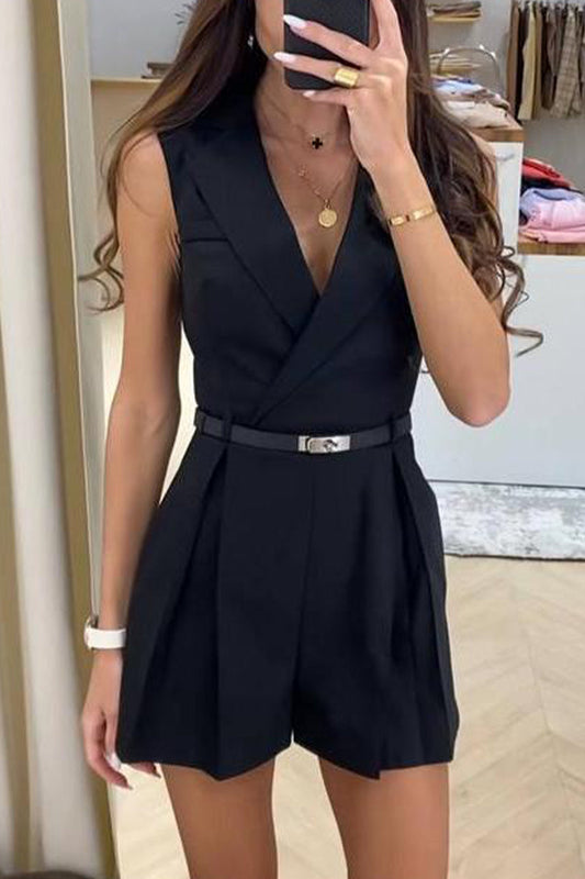Work British Style Without Belt V Neck Regular Rompers(no Belt)