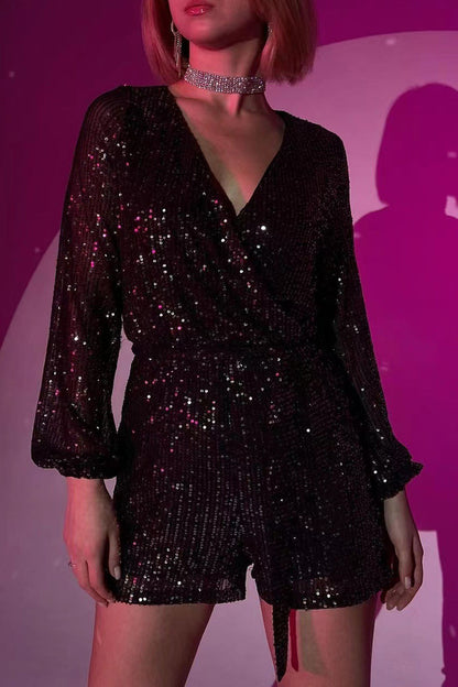 Bandage Sequins V Neck Loose Rompers