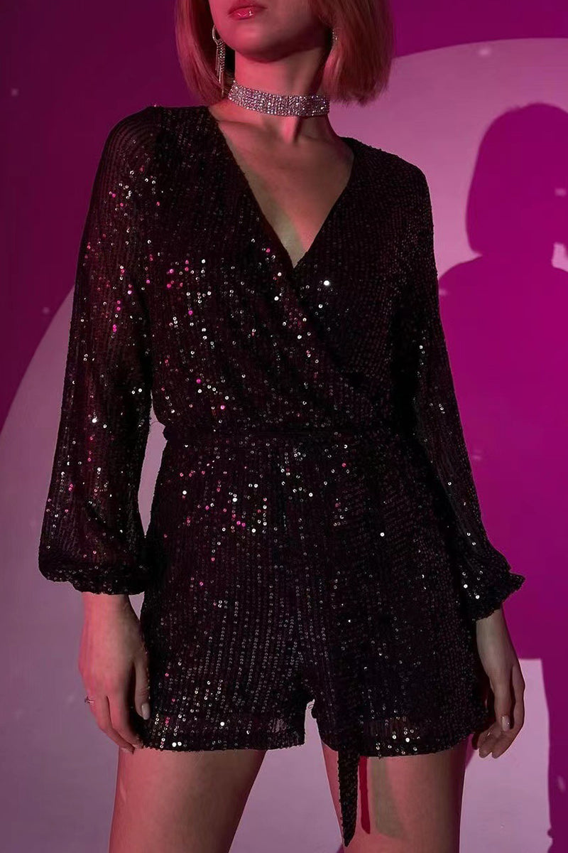 Bandage Sequins V Neck Loose Rompers
