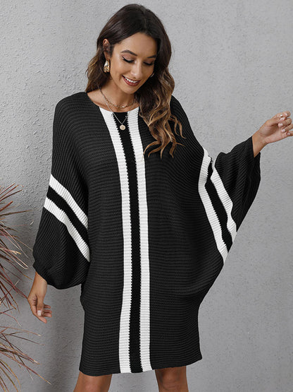 Original Loose 4 Colors Striped Round-neck Batwing Long Sleeves Sweater Dress