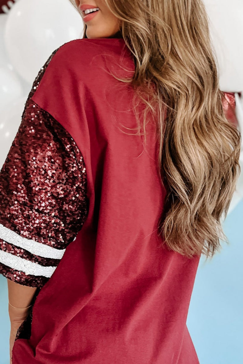 Patchwork Sequins O Neck T-shirts(4 Colors)