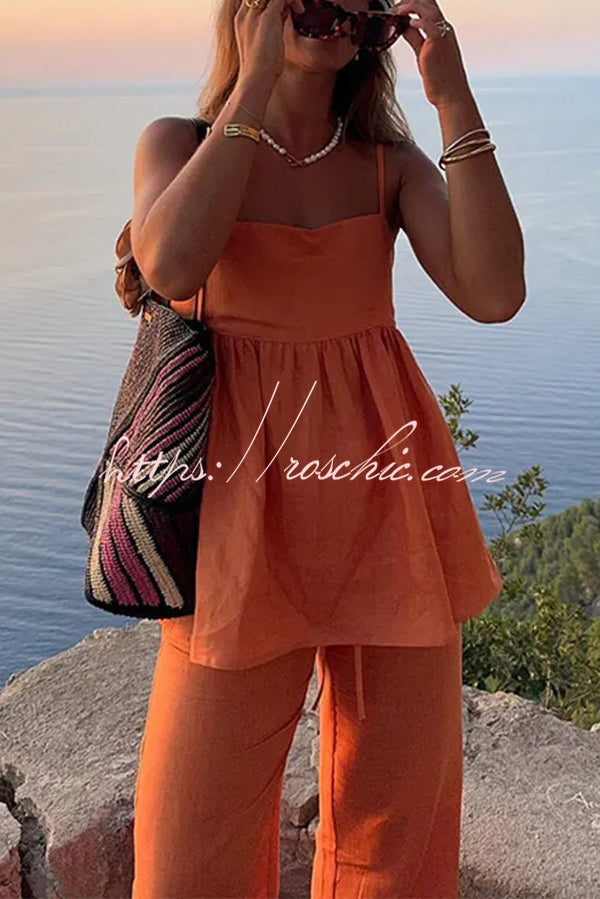 Color Suspender Loose Top and Elastic Waist Wide Leg Pants Set