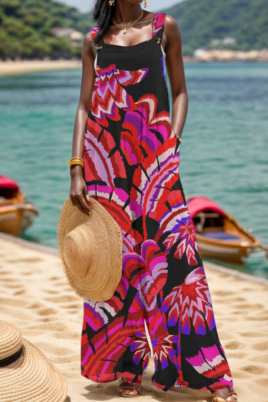 Print Backless Square Collar Regular Jumpsuits