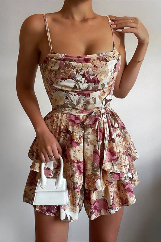 Print Patchwork Backless Spaghetti Strap Skinny Rompers
